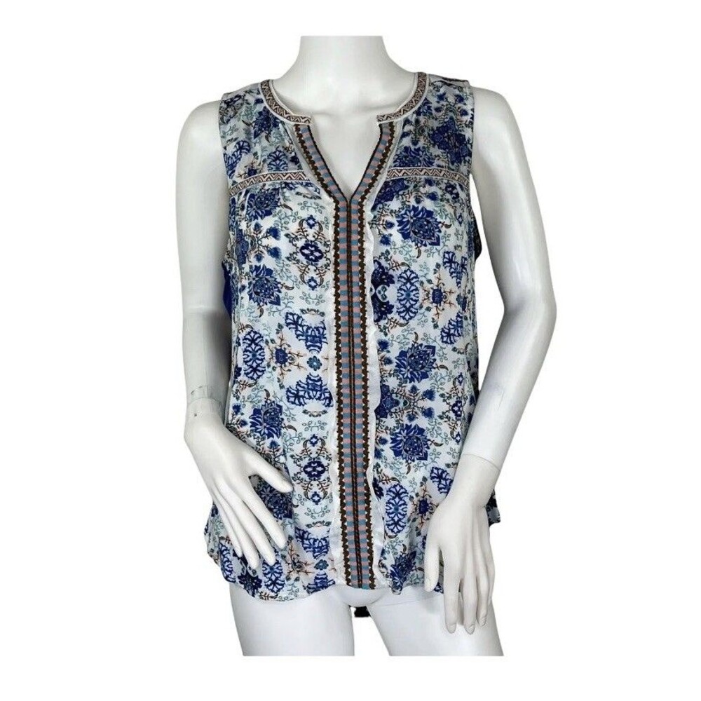 A Common Thread Split Neck Blue Floral Sleeveless Boho Embroidered Top XSP